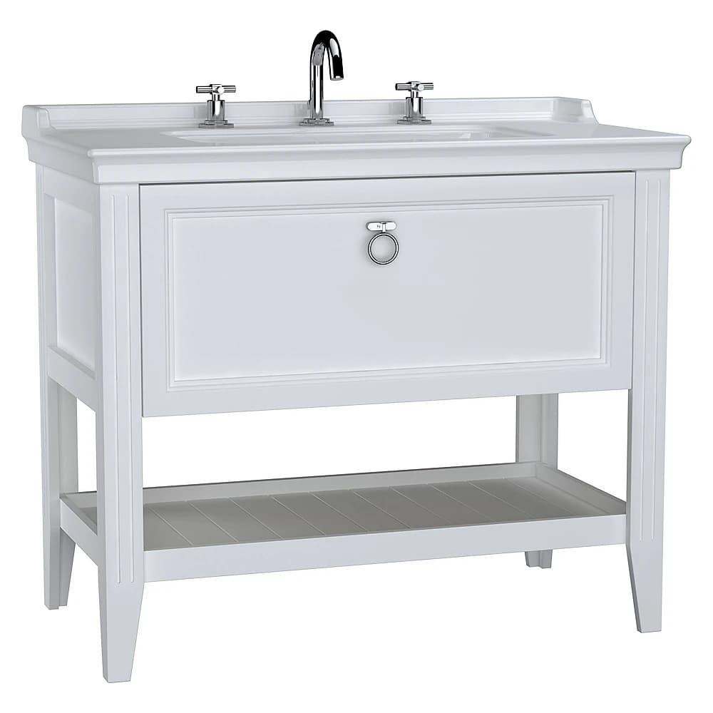 Vitra Valarte 100 Cm Mat Beyaz Tek Çekmeceli Etajerli Lavabolu Üç Armatür Delikli Lavabo Dolabı