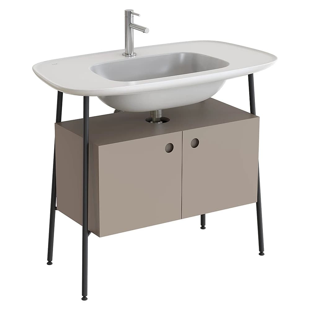Vitra Plural 100 Cm Mat Soft Bej İki Kapaklı Parlak Beyaz Seramik Lavabolu Tek Armatür Delikli Lavabo Dolabı