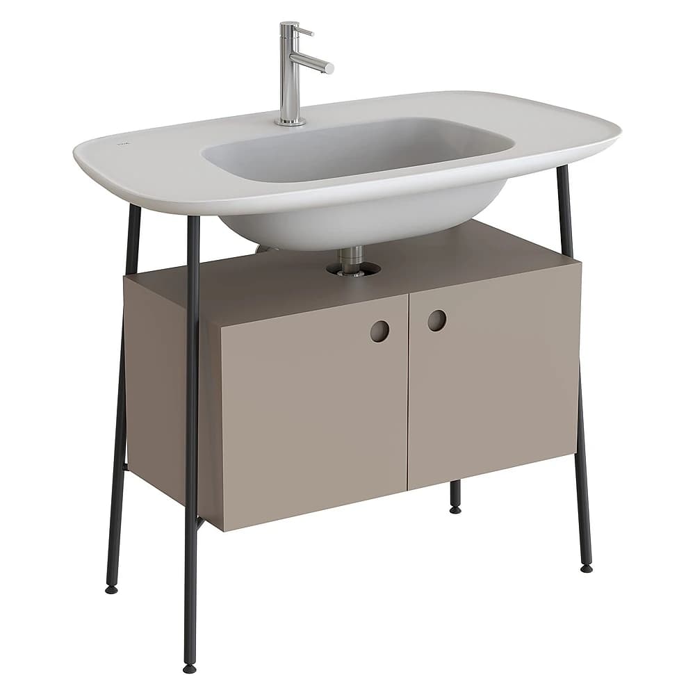 Vitra Plural 100 Cm Mat Soft Bej İki Kapaklı Mat Beyaz Seramik Lavabolu Tek Armatür Delikli Lavabo Dolabı