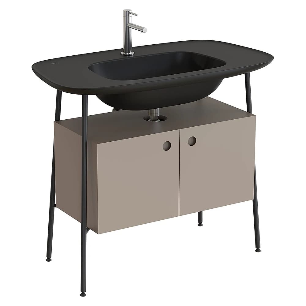Vitra Plural 100 Cm Mat Soft Bej İki Kapaklı Mat Siyah Seramik Lavabolu Tek Armatür Delikli Lavabo Dolabı