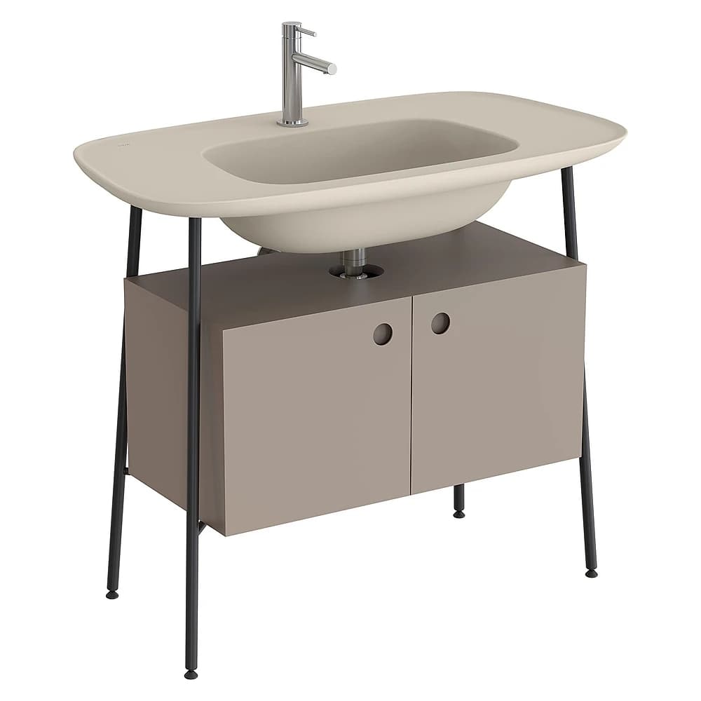 Vitra Plural 100 Cm Mat Soft Bej İki Kapaklı Mat Kum Beji Seramik Lavabolu Tek Armatür Delikli Lavabo Dolabı