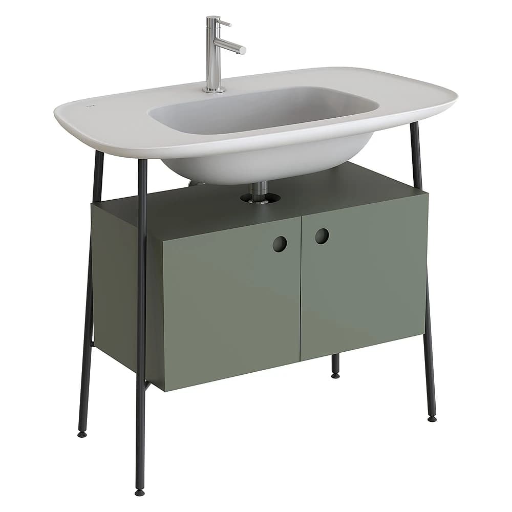 Vitra Plural 100 Cm Mat Yosun Yeşili İki Kapaklı Mat Beyaz Seramik Lavabolu Tek Armatür Delikli Lavabo Dolabı