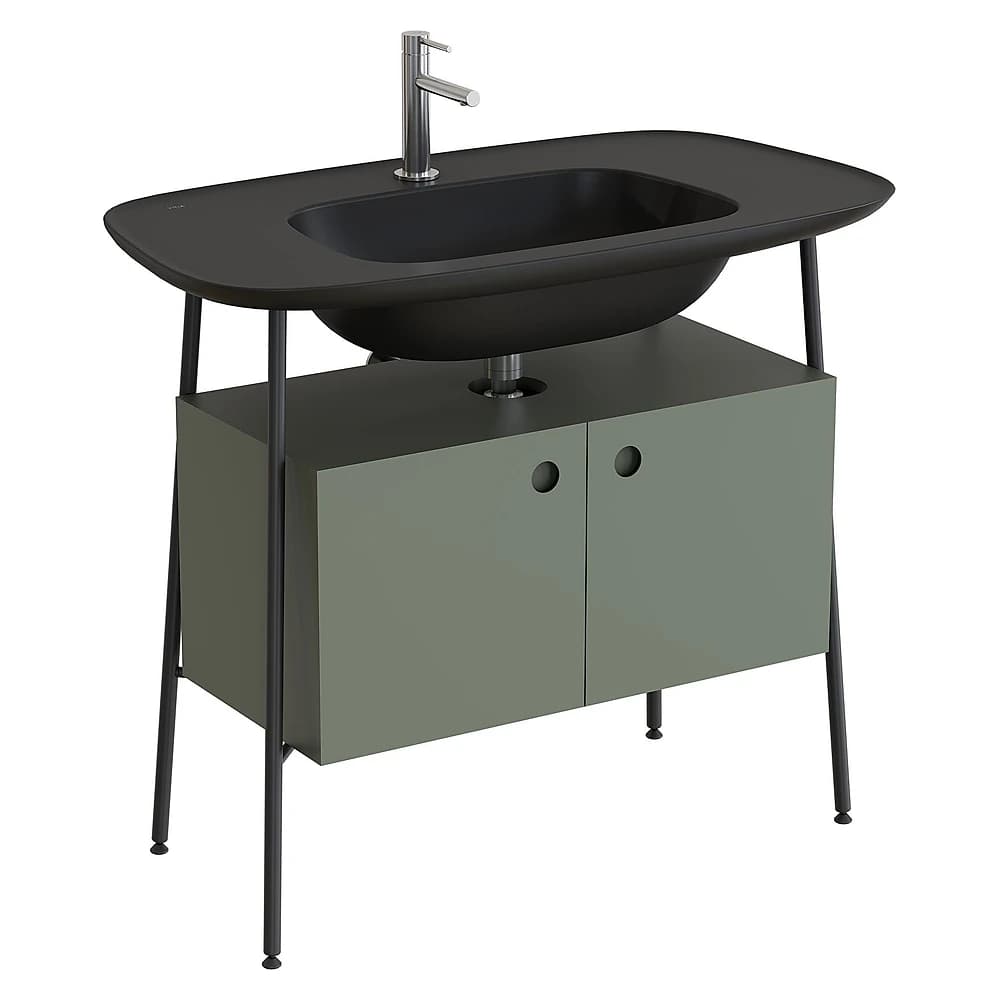Vitra Plural 100 Cm Mat Yosun Yeşili İki Kapaklı Mat Siyah Seramik Lavabolu Tek Armatür Delikli Lavabo Dolabı