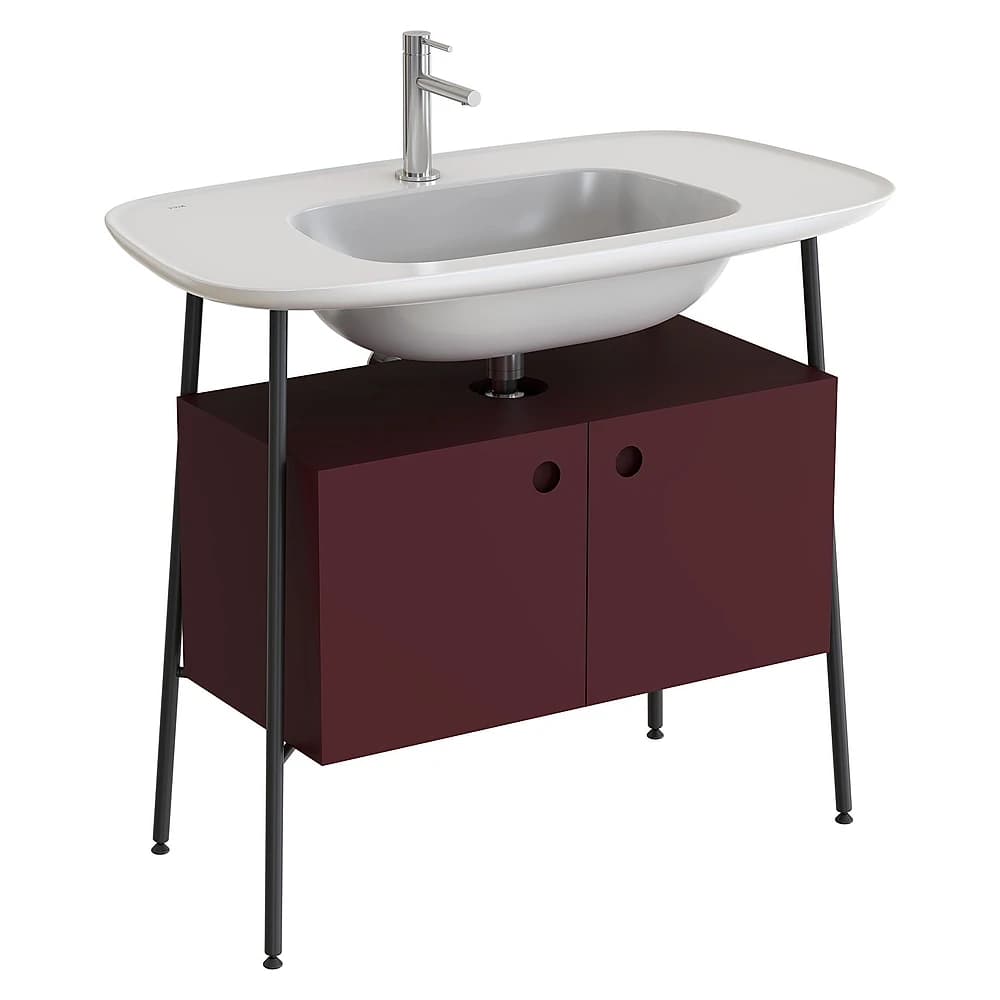 Vitra Plural 100 Cm Mat Bordo İki Kapaklı Parlak Beyaz Seramik Lavabolu Tek Armatür Delikli Lavabo Dolabı