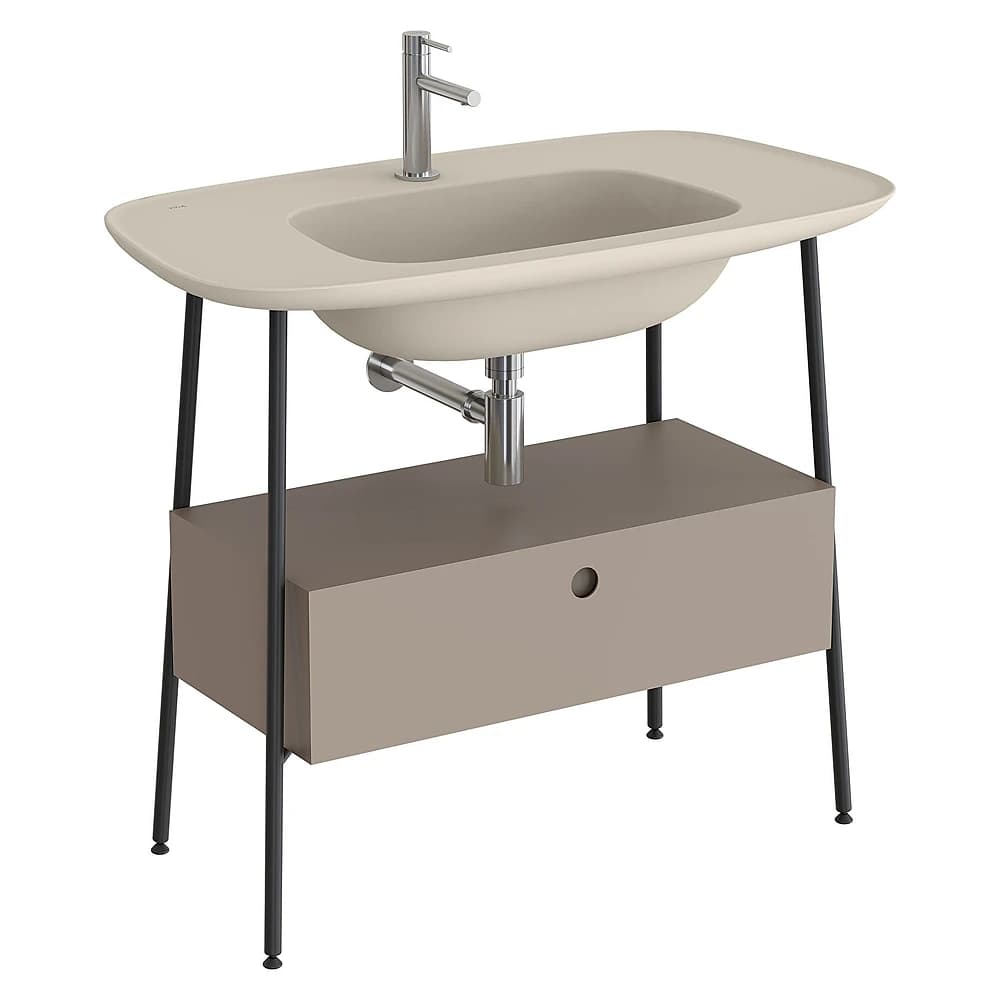 Vitra Plural 100 Cm Mat Soft Bej Tek Çekmeceli Mat Kum Beji Seramik Lavabolu Tek Armatür Delikli Lavabo Dolabı