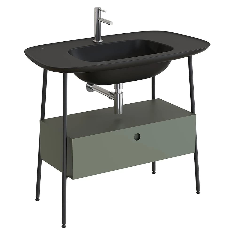 Vitra Plural 100 Cm Mat Yosun Yeşili Tek Çekmeceli Mat Siyah Seramik Lavabolu Tek Armatür Delikli Lavabo Dolabı