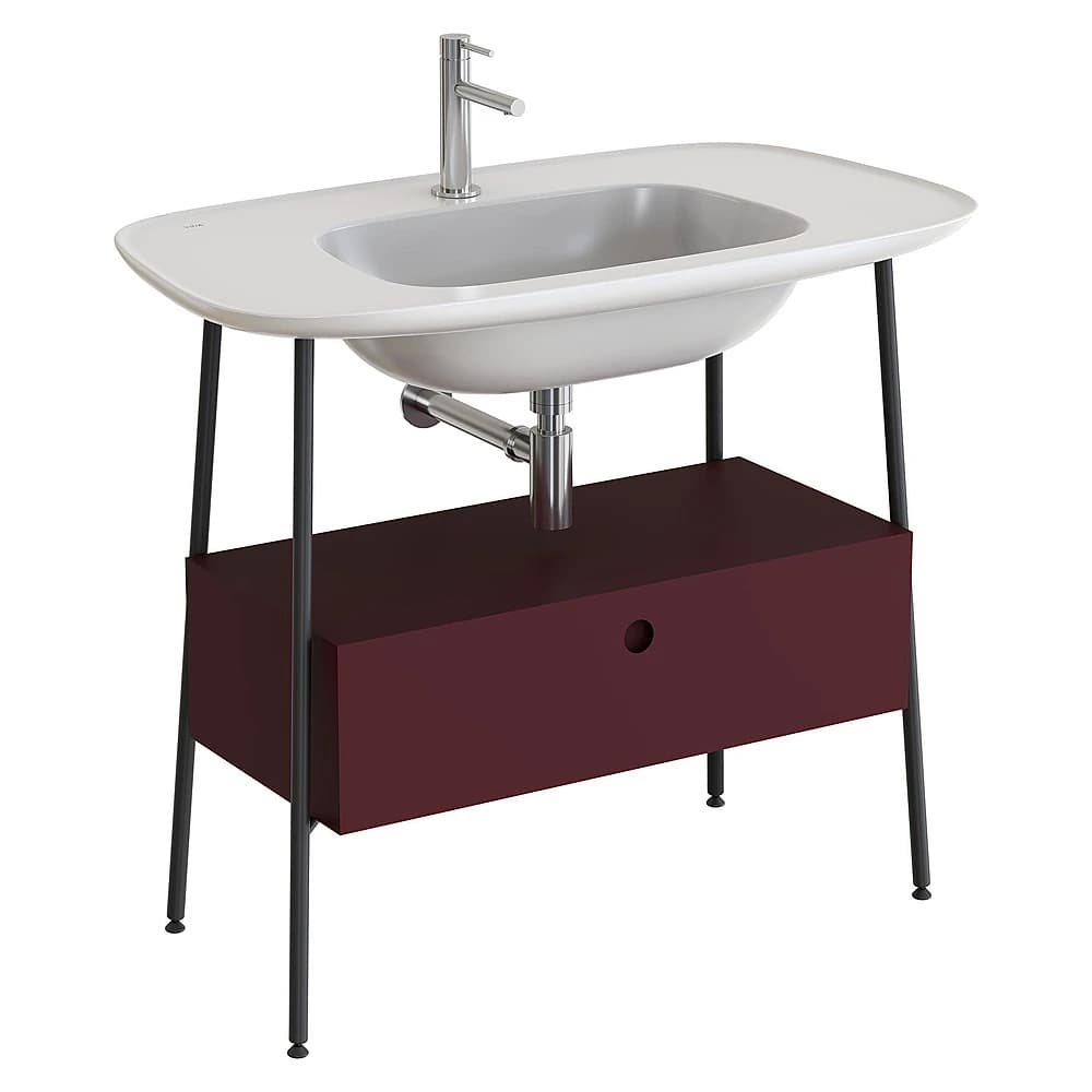 Vitra Plural 100 Cm Mat Bordo Tek Çekmeceli Parlak Beyaz Seramik Lavabolu Tek Armatür Delikli Lavabo Dolabı