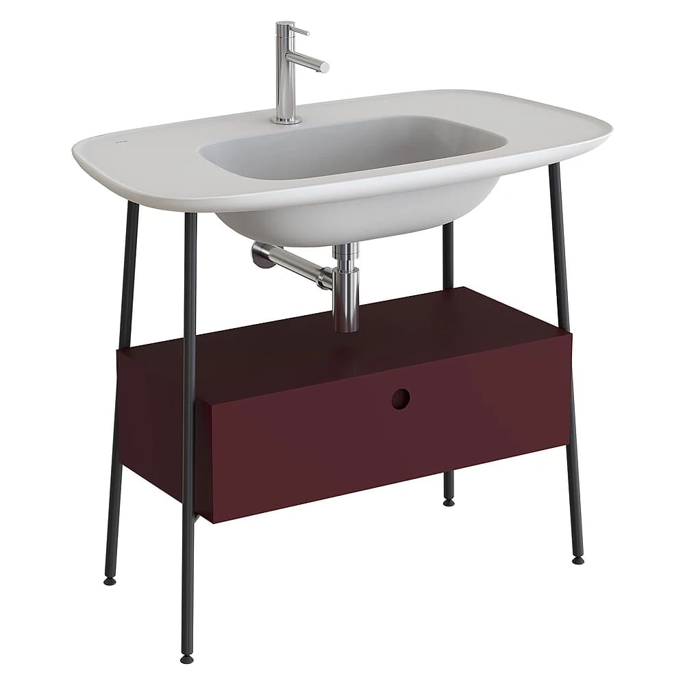 Vitra Plural 100 Cm Mat Bordo Tek Çekmeceli Mat Beyaz Seramik Lavabolu Tek Armatür Delikli Lavabo Dolabı