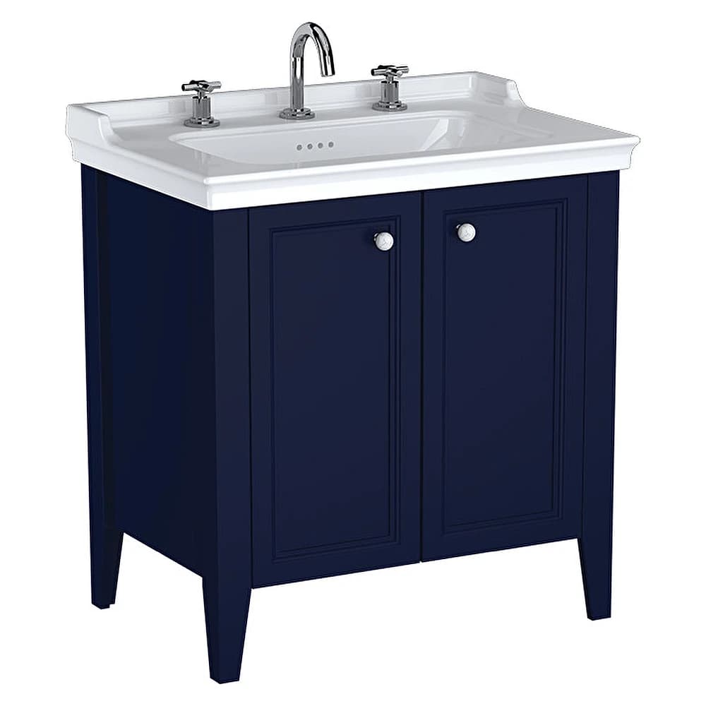 Vitra Valarte Neo 80 Cm Çelik Mavisi İki Kapaklı Etajerli Lavabolu Üç Armatür Delikli Lavabo Dolabı