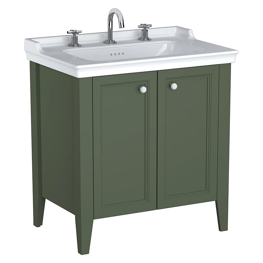 Vitra Valarte Neo 80 Cm Retro Yeşil İki Kapaklı Etajerli Lavabolu Üç Armatür Delikli Lavabo Dolabı