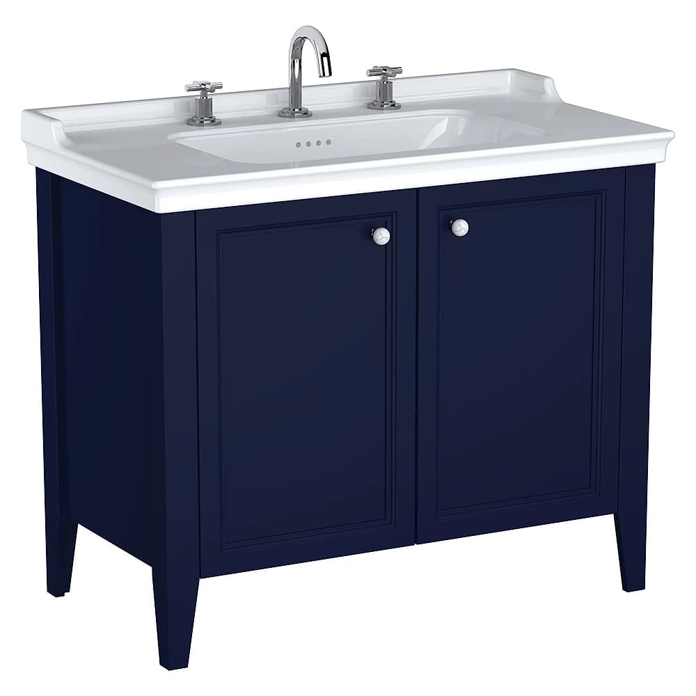 Vitra Valarte Neo 100 Cm Çelik Mavisi İki Kapaklı Etajerli Lavabolu Üç Armatür Delikli Lavabo Dolabı