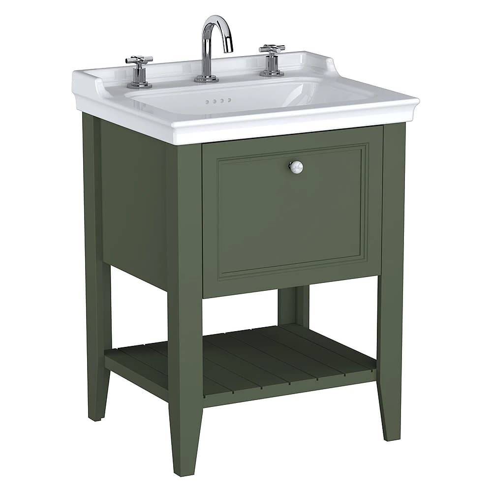 Vitra Valarte Neo 65 Cm Retro Yeşil Tek Çekmeceli Etajerli Lavabolu Üç Armatür Delikli Lavabo Dolabı