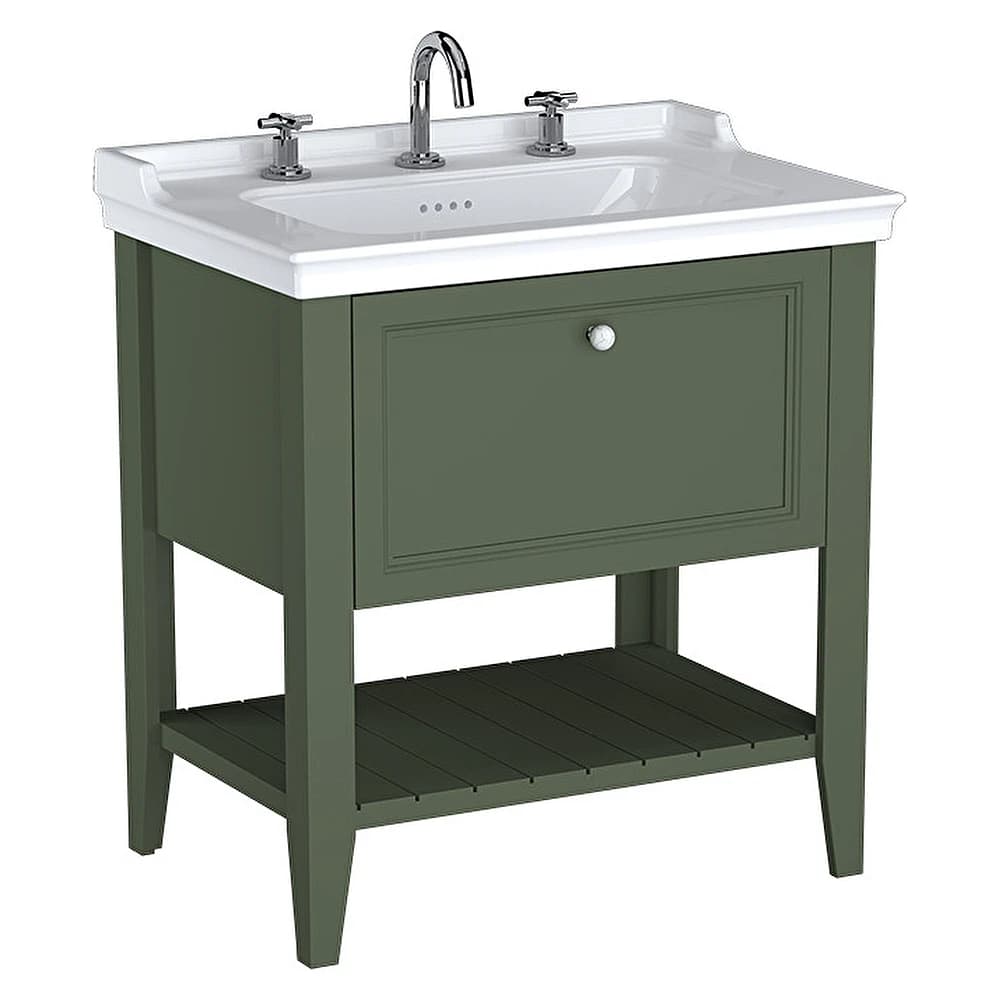 Vitra Valarte Neo 80 Cm Retro Yeşil Tek Çekmeceli Etajerli Lavabolu Üç Armatür Delikli Lavabo Dolabı