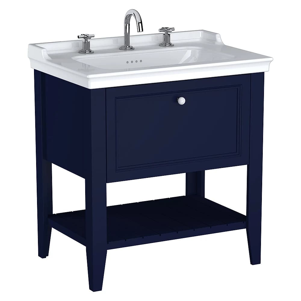 Vitra Valarte Neo 80 Cm Çelik Mavisi Tek Çekmeceli Etajerli Lavabolu Üç Armatür Delikli Lavabo Dolabı