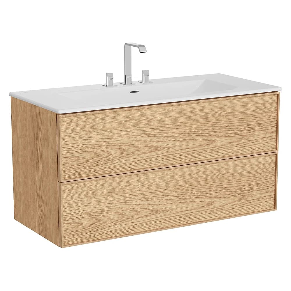 Vitra Metropole Edge 120 Cm Açık Meşe İki Çekmeceli Etajerli Lavabolu Üç Armatür Delikli Lavabo Dolabı