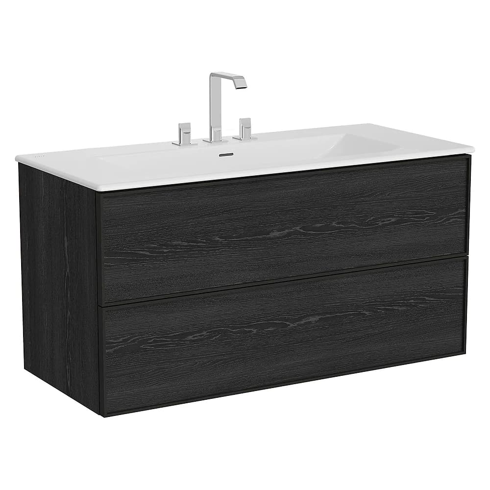 Vitra Metropole Edge 120 Cm Siyah Meşe İki Çekmeceli Etajerli Lavabolu Üç Armatür Delikli Lavabo Dolabı