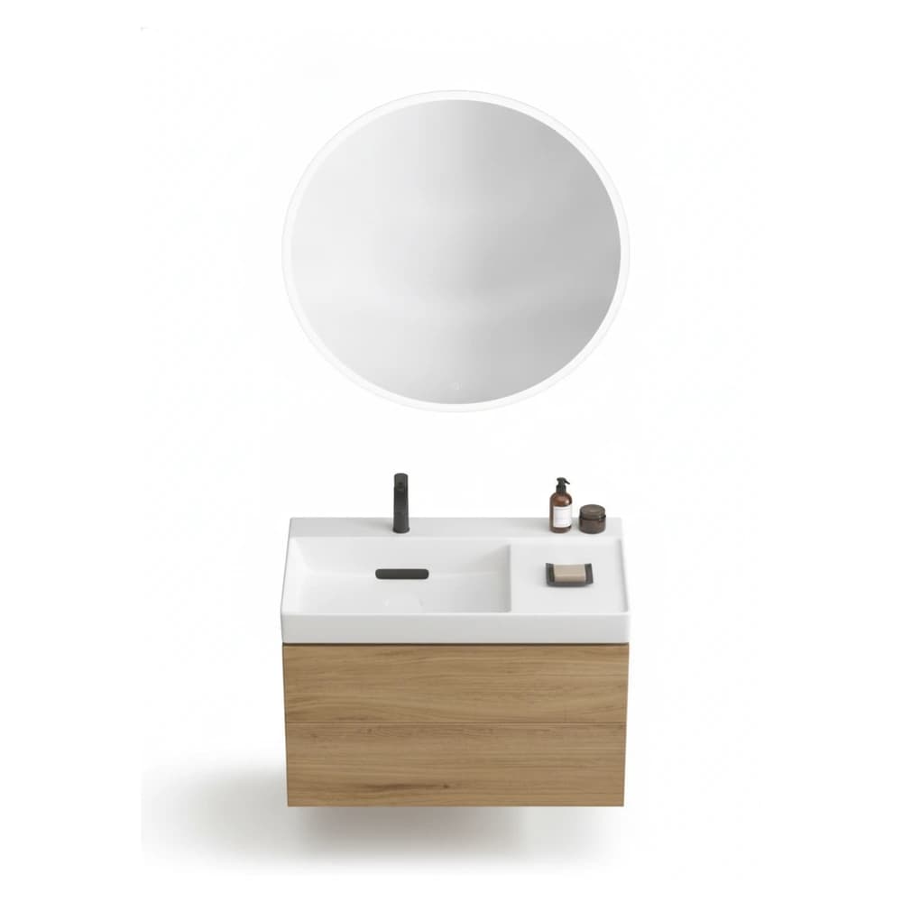 Geberit ONE CleanDrain 90 cm Sağ Etajerli Lavabo, ONE Meşe Dolap ve Option Yuvarlak Ayna Seti