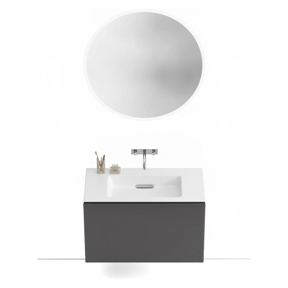 Geberit ONE CleanDrain 120 cm Etajerli Lavabo, Acanto Antrasit Cam Dolap ve Option Yuvarlak Ayna Seti