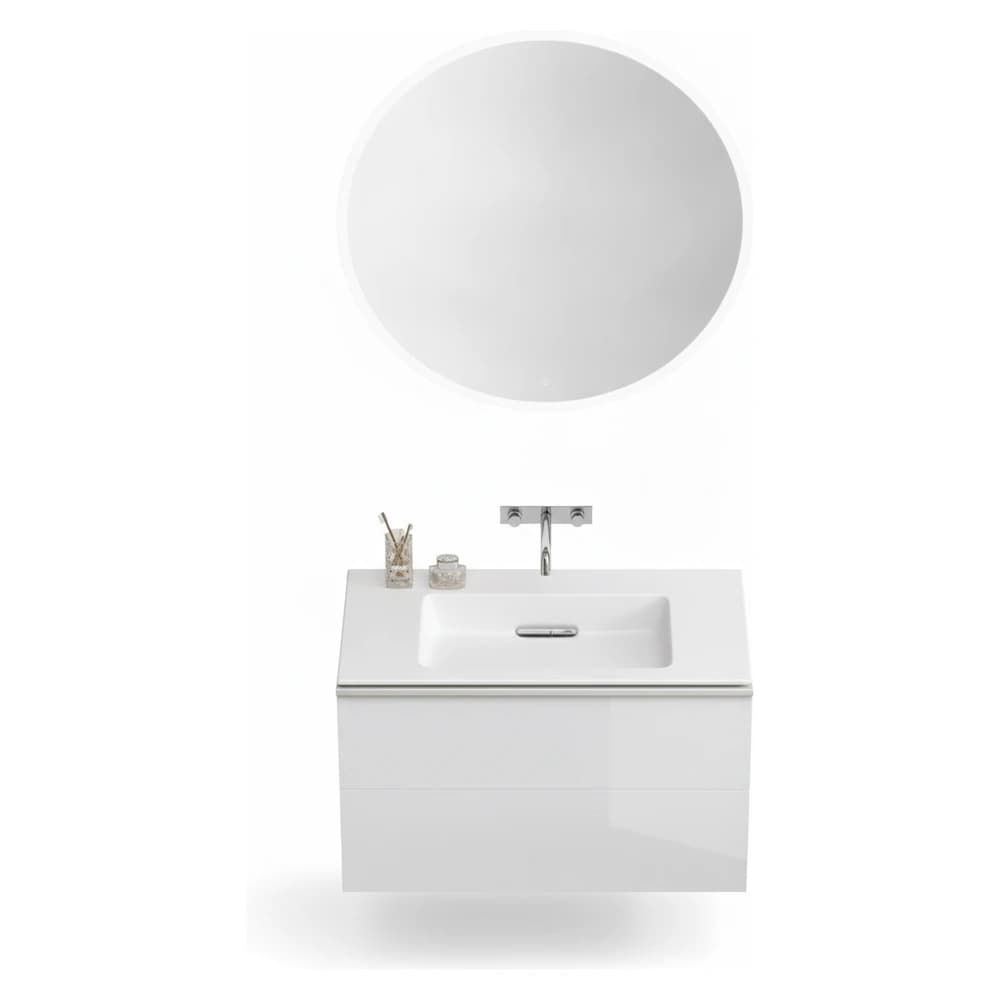 Geberit ONE CleanDrain 120 cm Etajerli Lavabo, Acanto Beyaz Cam Dolap ve Option Yuvarlak Ayna Seti