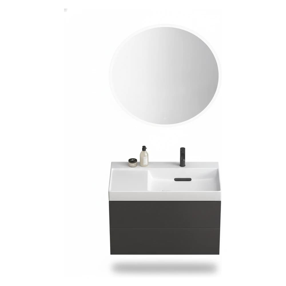 Geberit ONE CleanDrain 90 cm Sol Etajerli Lavabo, ONE Mat Siyah Dolap ve Option Yuvarlak Ayna Seti
