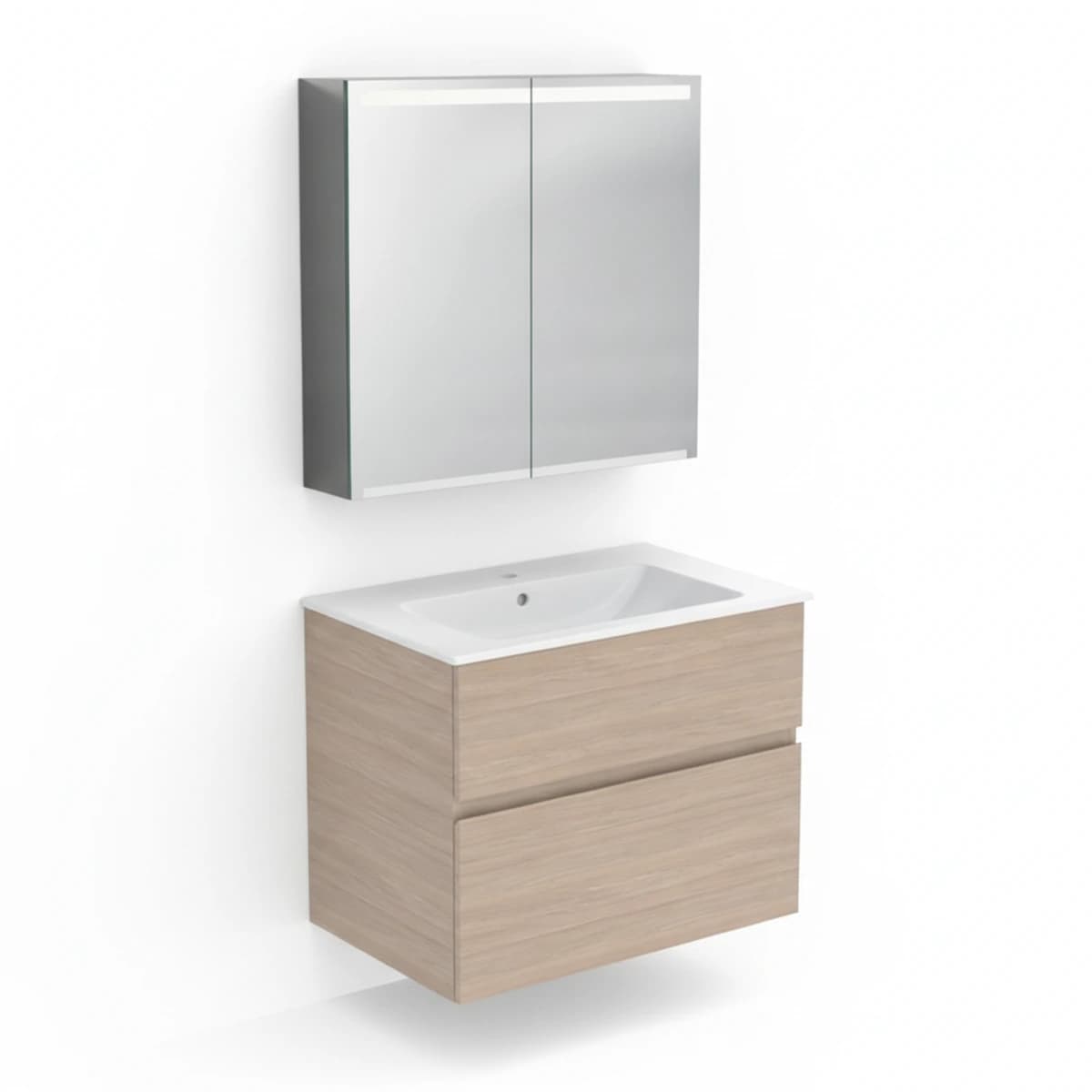 Geberit Aniara 75 cm Meşe Çekmeceli Ayna Dolaplı Banyo Dolabı Seti