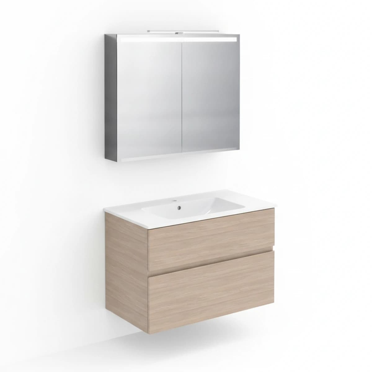 Geberit Aniara 90 cm Meşe Çift Çekmeceli Ayna Dolaplı Banyo Dolabı Seti