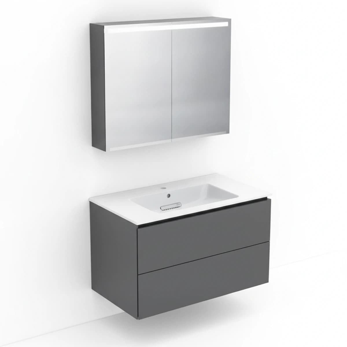 Geberit ONE 90 cm Mat Antrasit Çift Çekmeceli Ayna Dolaplı Banyo Dolabı Seti