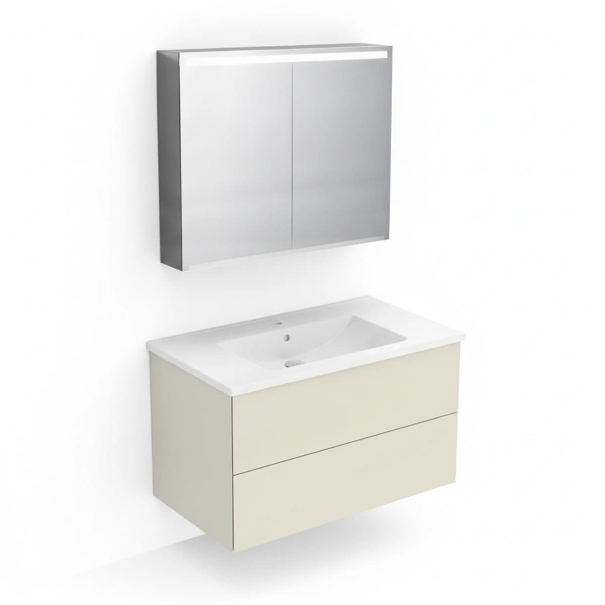 Geberit ONE 90 cm Kum Grisi Çift Çekmeceli Ayna Dolaplı Banyo Dolabı Seti