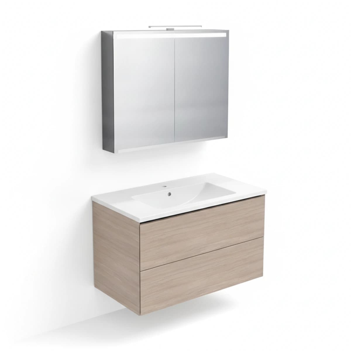 Geberit ONE 90 cm Meşe Çift Çekmeceli Ayna Dolaplı Banyo Dolabı Seti