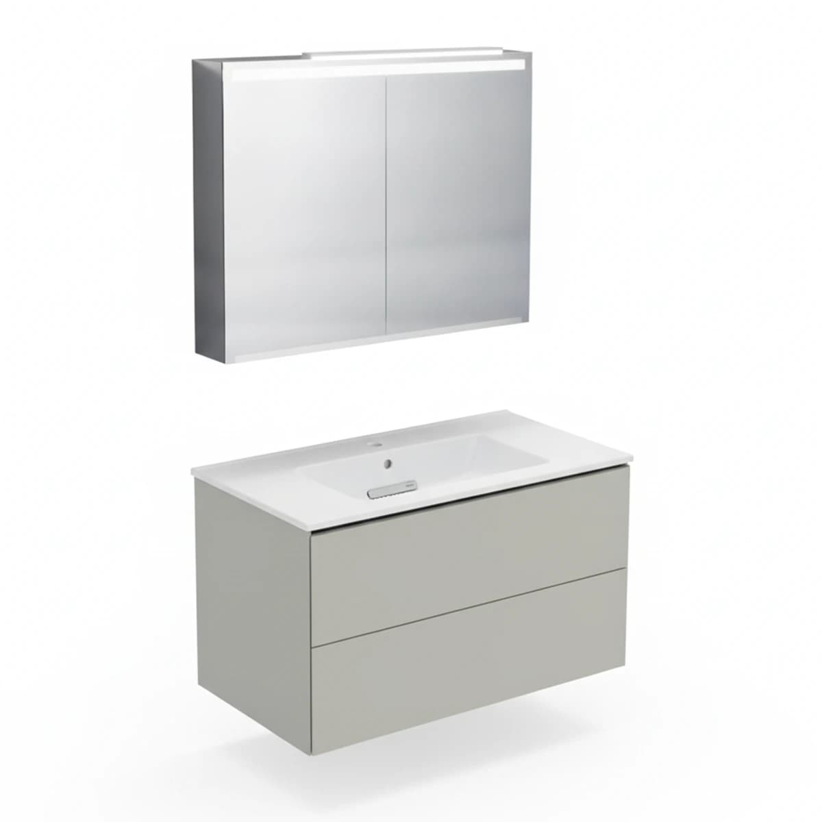 Geberit ONE 90 cm Bej Gri Çift Çekmeceli Ayna Dolaplı Banyo Dolabı Seti