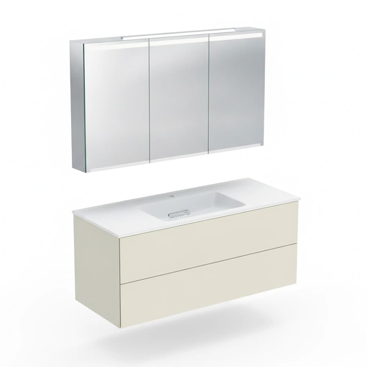 Geberit ONE 120 cm Kum Grisi Çift Çekmeceli Ayna Dolaplı Banyo Dolabı Seti