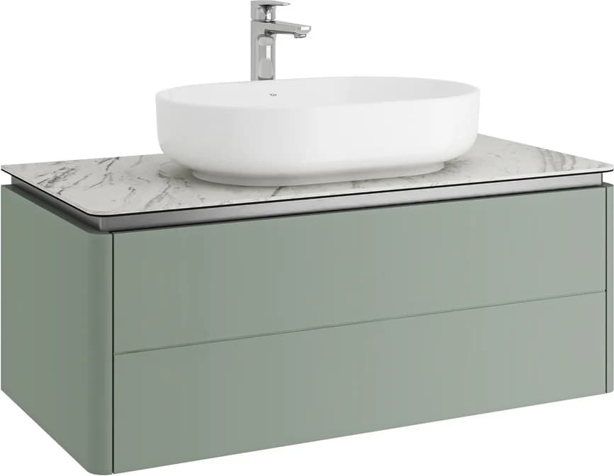 Kale Lotus 100 Cm Mat Adaçayı Yeşili-Pallisandro Beyaz Oval Lavabolu Banyo Dolabı