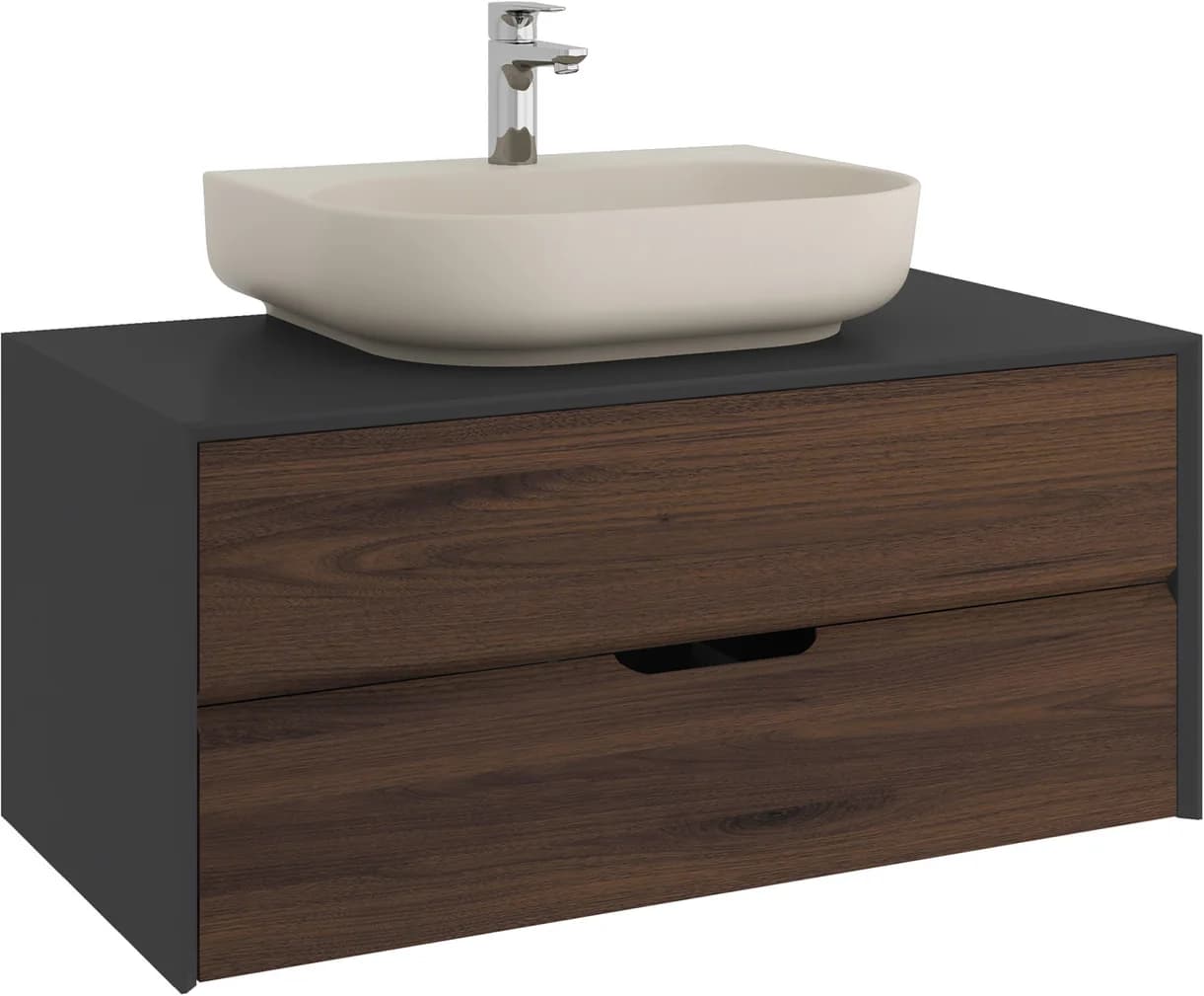 Kale Zero 2.0 100 Cm Antrasit-Ceviz Mat Vizon Oval Lavabolu Banyo Dolabı
