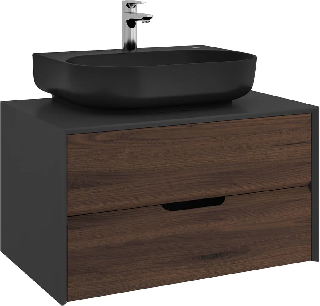 Kale Zero 2.0 80 Cm Antrasit-Ceviz Mat Siyah Oval Lavabolu Banyo Dolabı