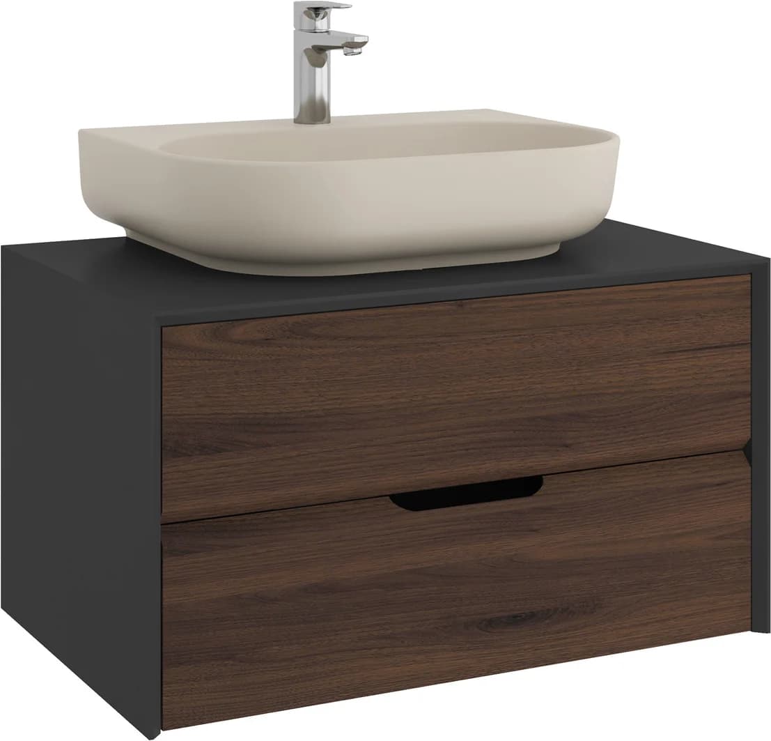 Kale Zero 2.0 80 Cm Antrasit-Ceviz Mat Vizon Oval Lavabolu Banyo Dolabı