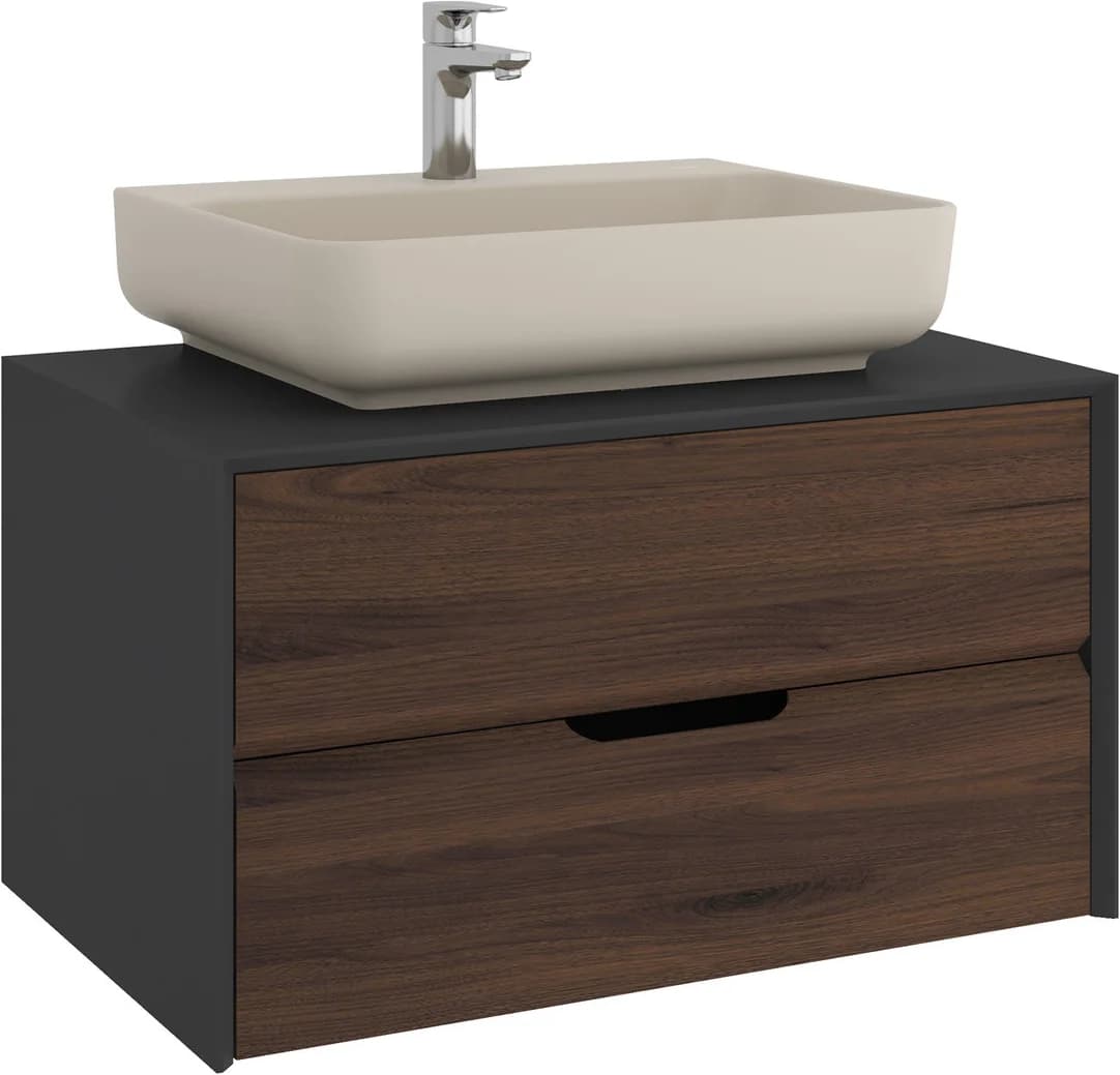 Kale Zero 2.0 80 Cm Antrasit-Ceviz Mat Vizon Dikdörtgen Lavabolu Banyo Dolabı