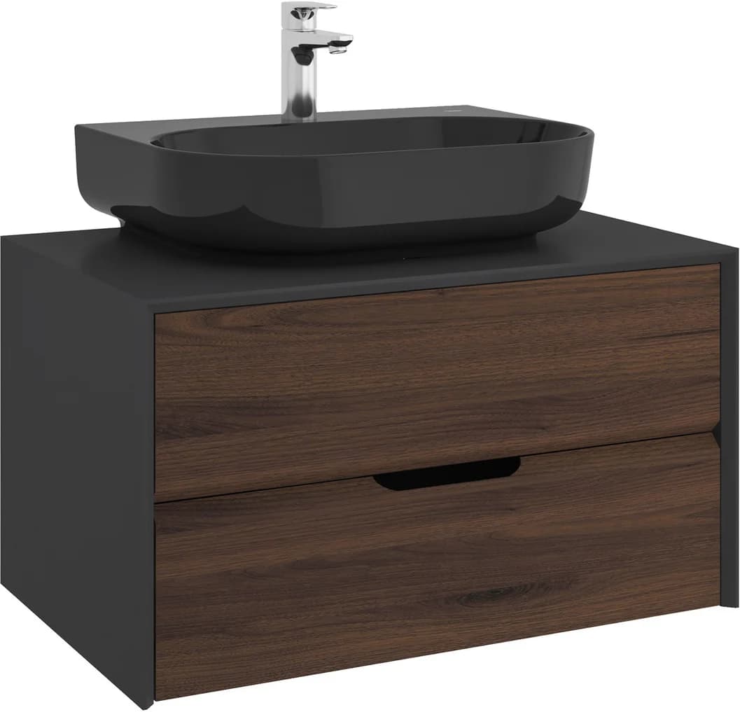 Kale Zero 2.0 80 Cm Antrasit-Ceviz Siyah Oval Lavabolu Banyo Dolabı