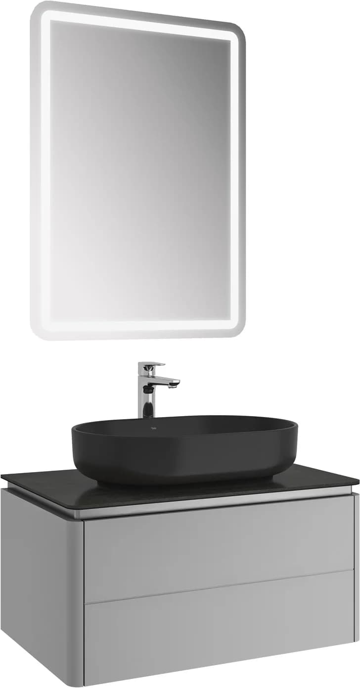 Kale Lotus 80 Cm Mat Vizon-Antrasit Mat Siyah Oval Lavabolu Banyo Dolabı Takımı