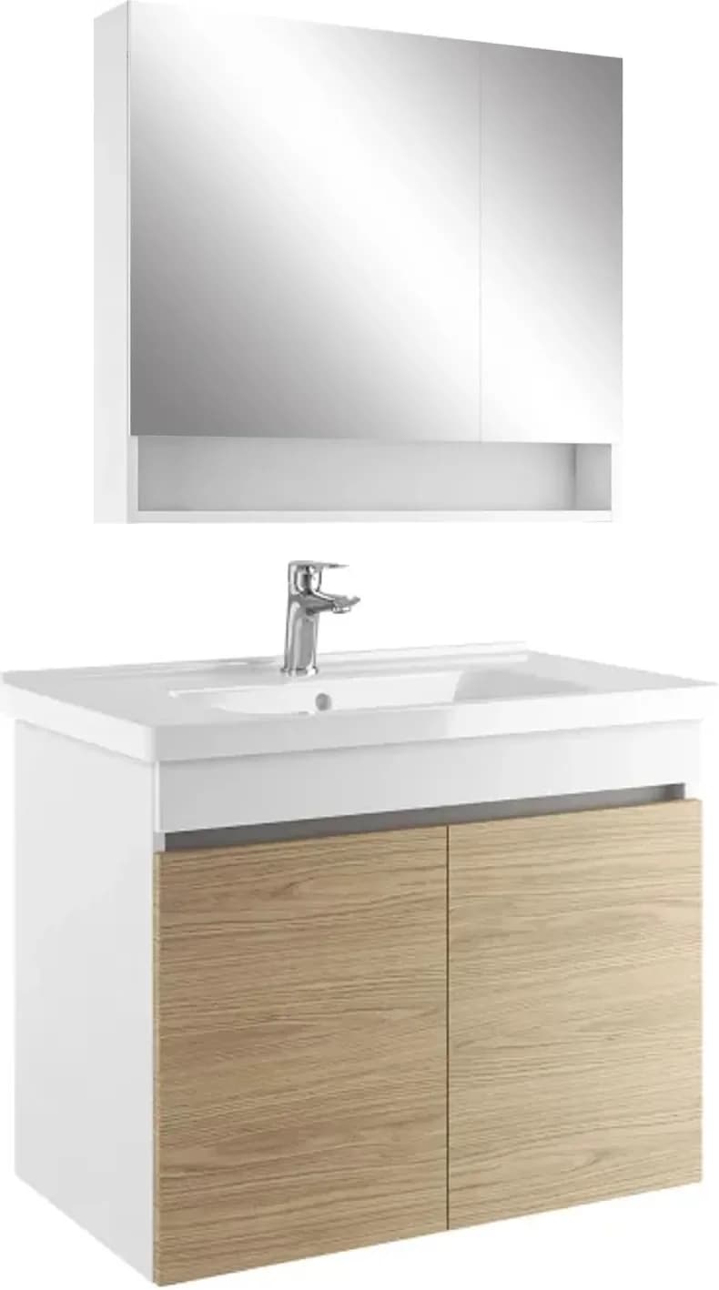 Kale Optimum+ 80 Cm Beyaz-Meşe Raflı Ayna Dolaplı Banyo Dolabı Takımı