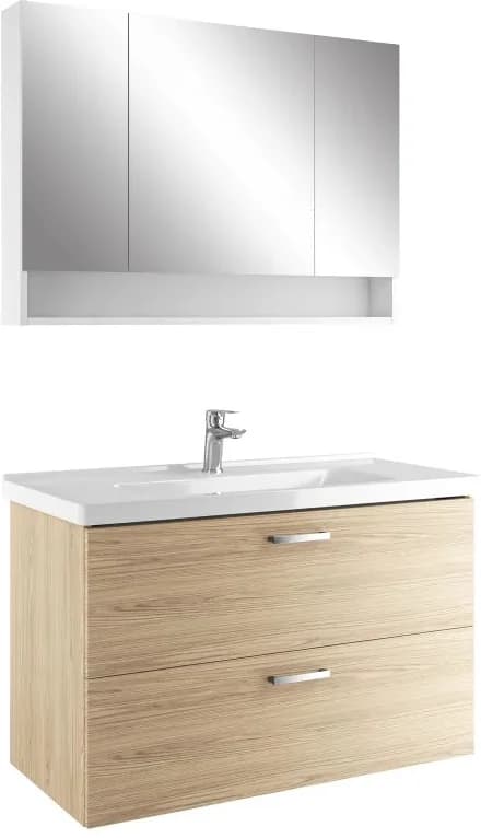 Kale Noa+ 100 Cm Meşe Çift Çekmeceli Raflı Ayna Dolaplı Banyo Dolabı Takımı