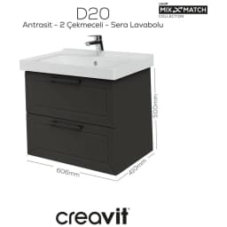 Creavit D20 65 Cm Antrasit Lake 2 Çekmeceli Lavabo Dolabı görsel 2