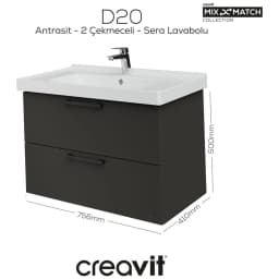 Creavit D20 80 Cm Antrasit 2 Çekmeceli Lavabo Dolabı görsel 2