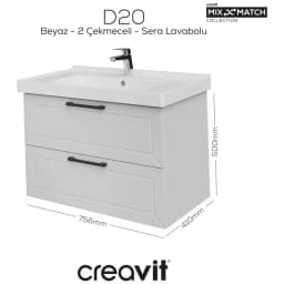 Creavit D20 80 Cm Beyaz Lake 2 Çekmeceli Lavabo Dolabı görsel 2