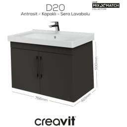 Creavit D20 80 Cm Antrasit Kapaklı Lavabo Dolabı görsel 2